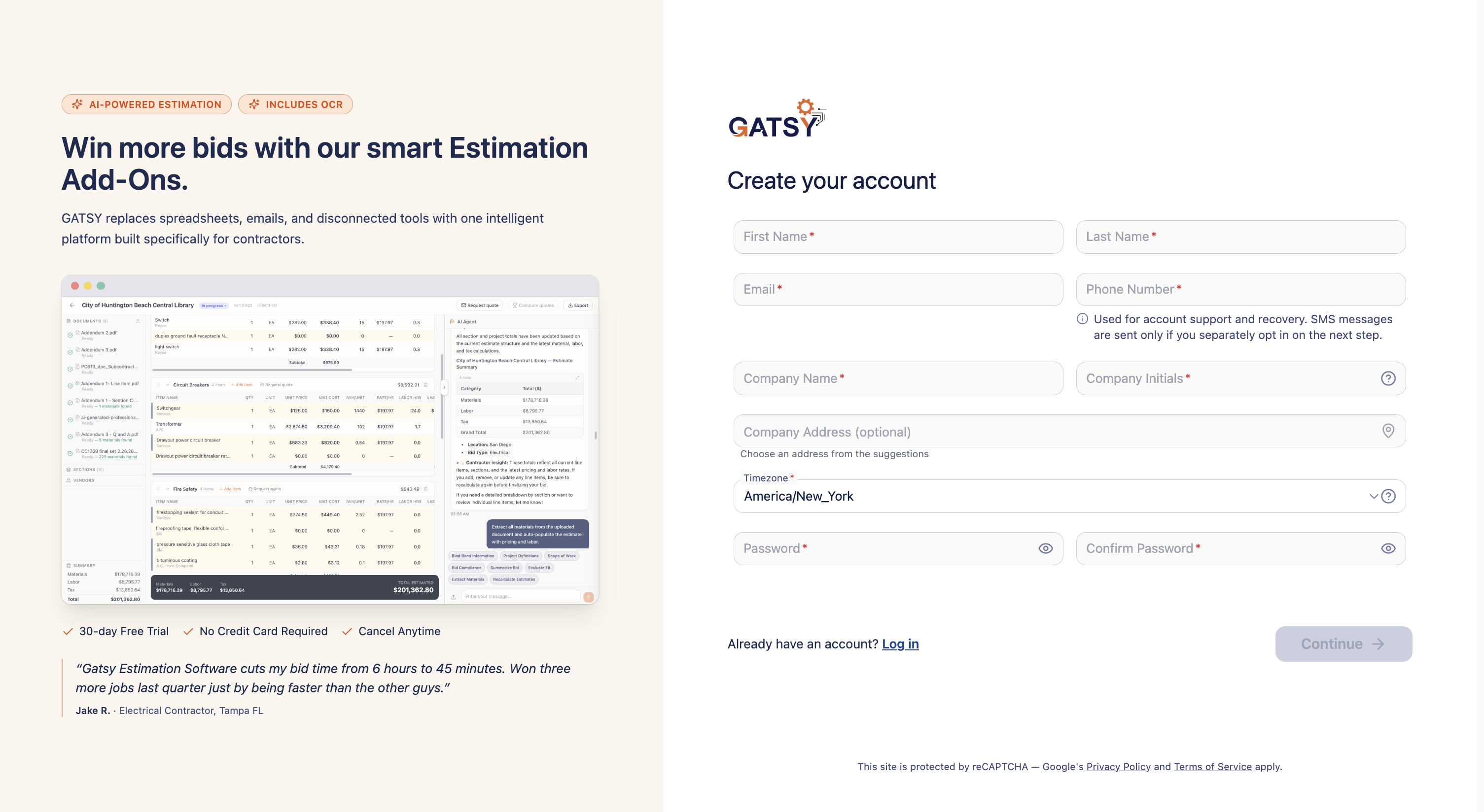 Step 1 of signup at gatsy.net showing the phone number field with clarifying microcopy below it