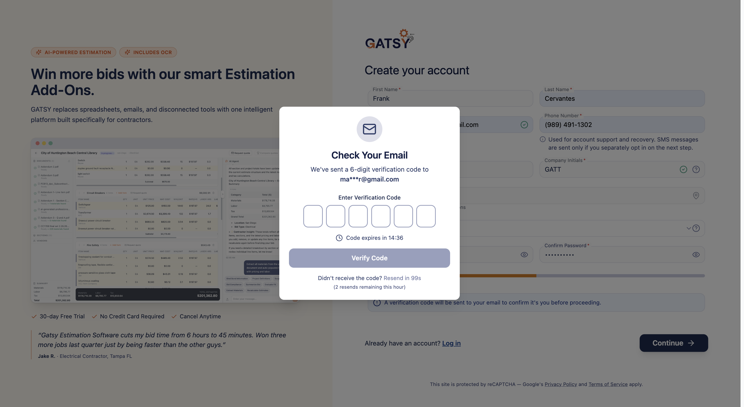 Email verification screen between Step 1 and Step 2 of signup at gatsy.net, showing the one-time code input